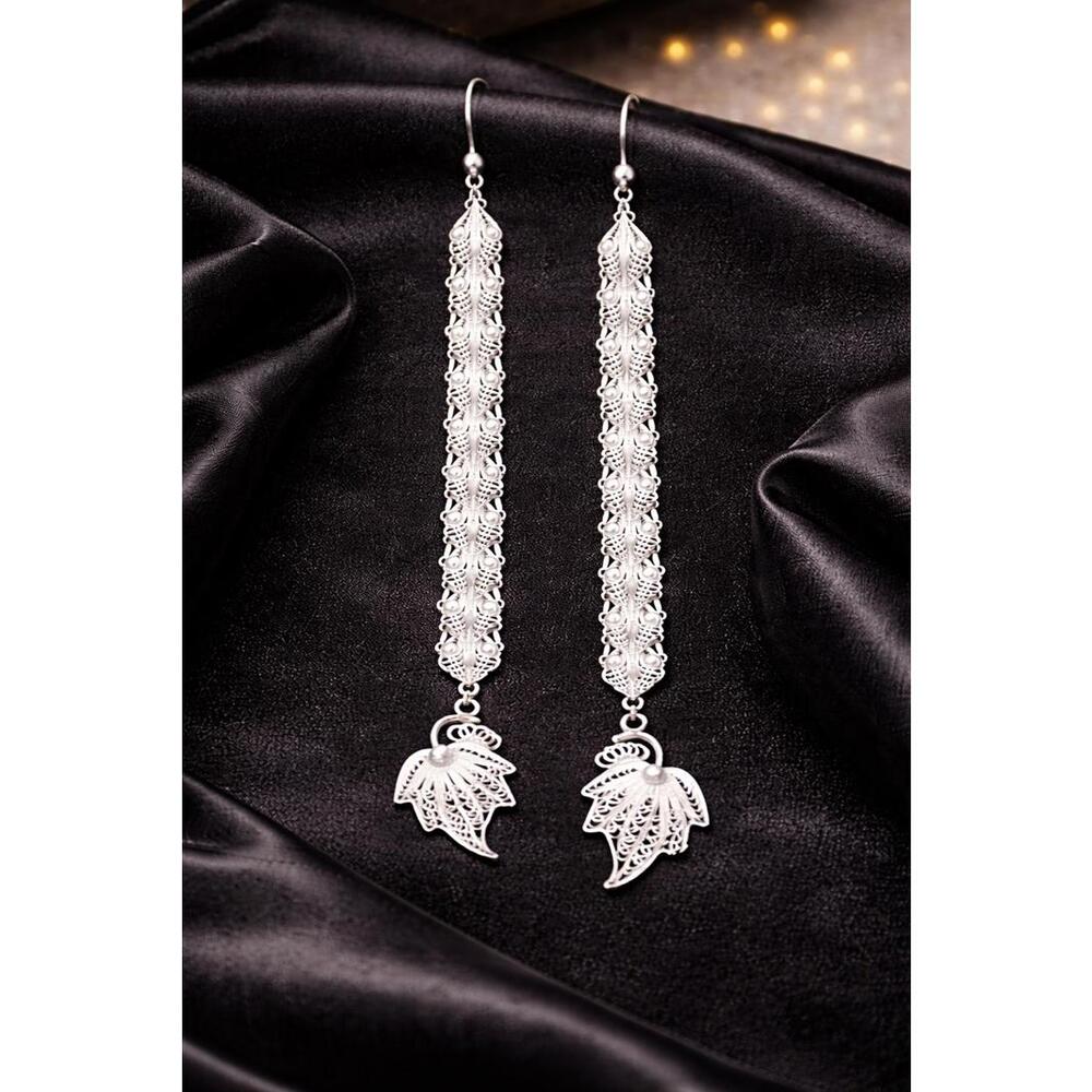 Stunning 8" Sterling Silver Filigree Leaf Dangle Earrings 9.25